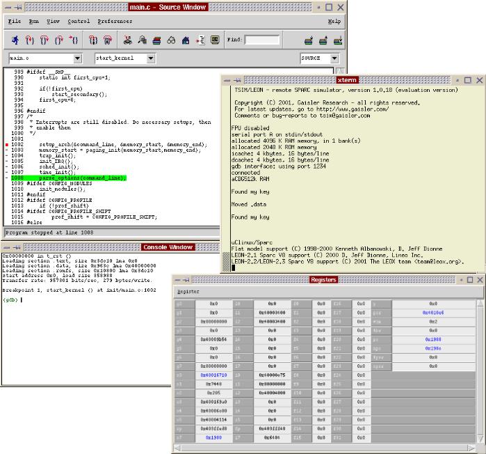typical debug session of the uClinux/Sparc port using insight/GDB and TSIM